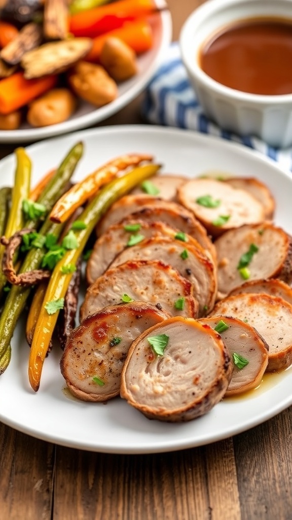 Air fryer pork tenderloin medallions served with roasted vegetables on a rustic table.